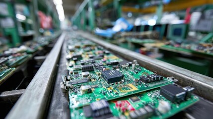 Poster - Focused image of circuit boards and electronic parts on a conveyor belt emphasizing the intricate process of ewaste recycling and the transformation of waste into valuable raw materials