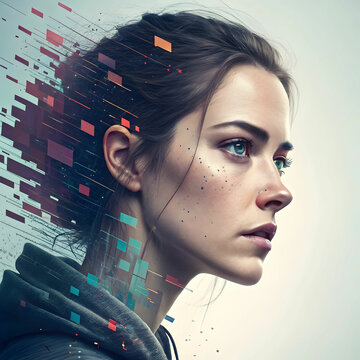 face of woman merging with glitch pixels digita