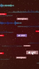 Poster - Animation of social media icons with texts and data processing over light spots on black background