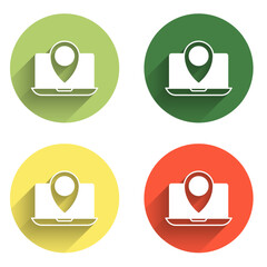 Poster - Set Laptop with location marker icon isolated with long shadow background. Color circle button. Vector