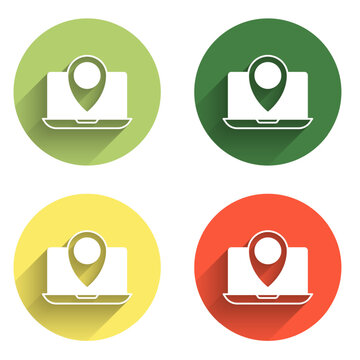 Set Laptop with location marker icon isolated with long shadow background. Color circle button. Vector