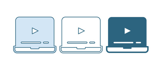 Poster - Blue Online play video icon isolated on white background. Laptop and film strip with play sign. Vector