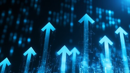 Poster - Data-Driven Ascent Blue Arrows Rise Through Electronic Visualization Representing Growth