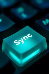Poster - Glowing teal keyboard key with the word Sync, vertical composition. A closeup shot showcasing vibrant color and subtle lighting effects on a modern technology element.