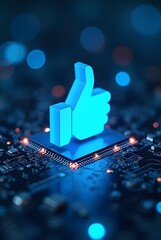 Poster - Glowing blue thumbsup icon on a circuit board, vertical composition. A vibrant digital illustration depicting online approval and technological advancement.