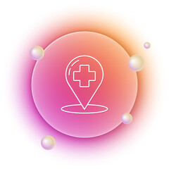 Poster - White Medical map pointer with cross hospital icon isolated on white background. Orange and pink gradient circle background. Vector
