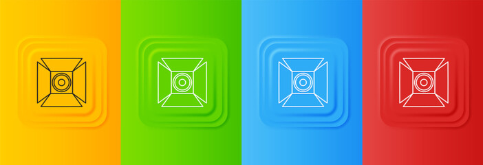 Fototapete - White Movie spotlight icon isolated on colorful background. Light Effect. Scene, Studio, Show. Set icons in square buttons. Vector