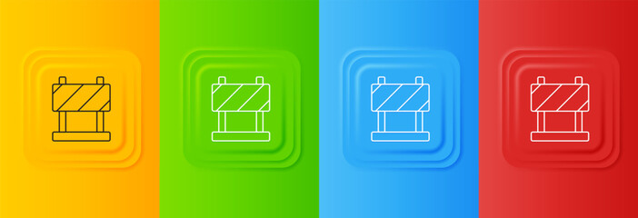 Poster - White Road barrier icon isolated on colorful background. Symbol of restricted area which are in under construction processes. Repair works. Set icons in square buttons. Vector