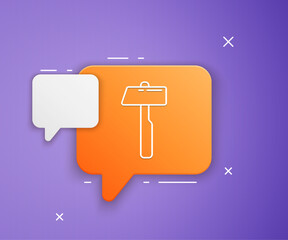Poster - White Hammer icon isolated on purple background. Tool for repair. Orange speech bubble symbol. Vector