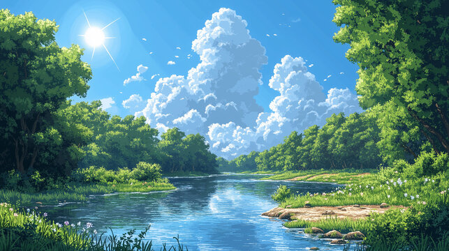 Game background of a lush summer scene with thick foliage, bright sunshine and clear blue skies, and a river meandering through the landscape in flat cartoon pixel style