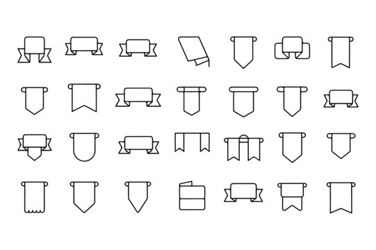 Collection of various black outline ribbon and banner icons flag pennant