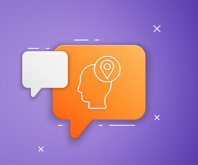 Poster - White Delivery man with cardboard boxes icon isolated on purple background. Door to door delivery by courier. Orange speech bubble symbol. Vector