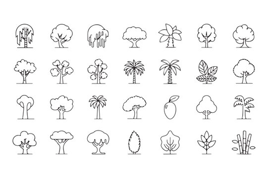 Collection of black outline tree icons and fruit illustration white