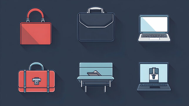 Stylized Vector Icons of Business Essentials: Briefcases, Laptops, and Modern Desk