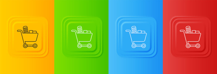 Poster - White Shopping cart and food icon isolated on colorful background. Food store, supermarket. Set icons in square buttons. Vector