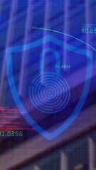 Poster - Digital security shield with lock animation over skyscraper background