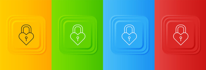 Poster - White Castle in the shape of a heart icon isolated on colorful background. Love symbol and keyhole sign. 8 March. Happy Women Day. Set icons in square buttons. Vector