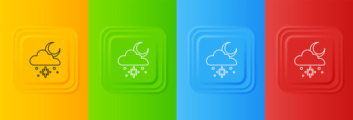 Aufkleber - White Cloud with snow and sun icon isolated on colorful background. Cloud with snowflakes. Single weather icon. Snowing sign. Set icons in square buttons. Vector