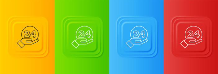 Poster - White Telephone 24 hours support icon isolated on colorful background. All-day customer support call-center. Full time call services. Set icons in square buttons. Vector