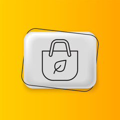Poster - Black Paper shopping bag with recycle icon isolated on yellow background. Bag with recycling symbol. Silver rectangle button. Vector