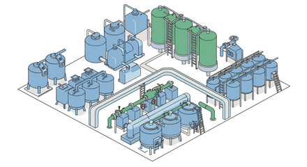 Poster - Isometric industrial water treatment plant with tanks and pipes in blue and green