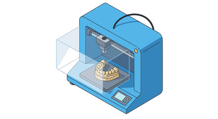 Poster - Isometric 3d printer crafting dental model in blue setup