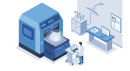 Poster - Isometric digital lab with 3d printer and scientist in a modern tech environment