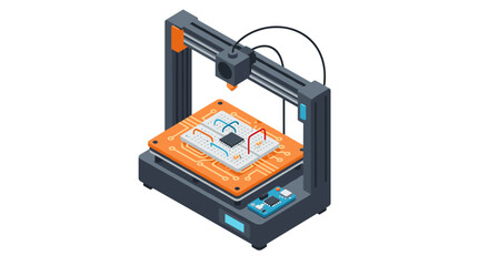Poster - Isometric 3d printer with circuit board and chip design