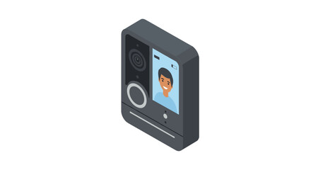 Smart doorbell isometric design featuring a built-in camera and video display screen
