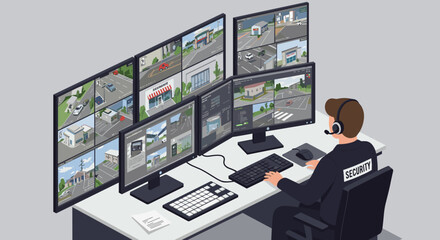 Poster - Security officer monitoring multiple surveillance screens in control room
