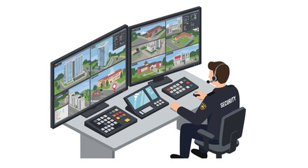 Poster - Security officer monitoring multiple cctv screens in modern surveillance room