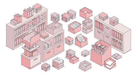 Poster - Organized office storage with isometric pastel file cabinets and boxes
