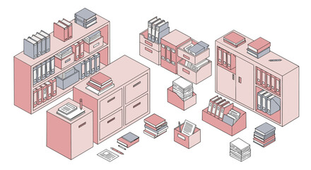 Poster - Isometric office organization with books and filing cabinets in pastel colors