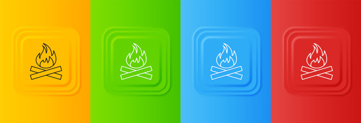 Fototapete - White Campfire icon isolated on colorful background. Burning bonfire with wood. Set icons in square buttons. Vector