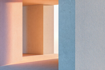 Aufkleber - Minimalist architecture with soft pastel colors, sunlight casting gentle shadows on textured walls, creating calm and serene atmosphere in modern interior space