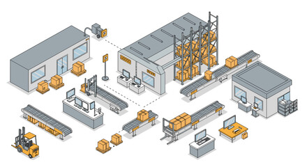Poster - Isometric warehouse workflow with automated machinery and conveyor system