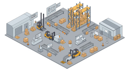 Poster - Isometric warehouse scene with forklifts and conveyor belt in a modern storage facility
