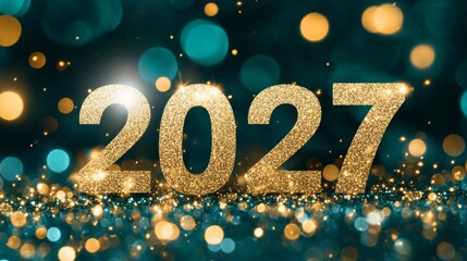 Poster - Elegant Celebration in 2027 with Gold Sparkles and Emerald Green Background for Festive Decorations