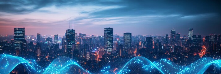 Poster - Advanced Cybersecurity Concept Secure Data Streams Illuminating a Global Business District at Night