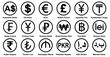 © Icon's World - currency icons set. Australian dollar, us dollar, euro, pound, yuan, Yun, pkr, uae dirham, romania dinar, dinar, symbol sign. collection of currency. vector illustration.