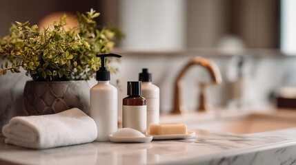 Poster - Elegant bathroom setting with skincare products, soft towels, and fresh greenery for a serene spa-like atmosphere
