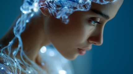 Poster - Woman with futuristic cybernetic enhancements illuminated by soft blue lights in a modern technology setting