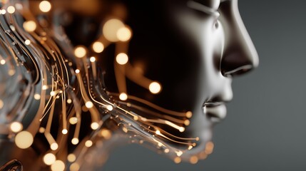 Poster - Futuristic human-like figure with glowing circuits in a modern technology setting