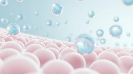 Poster - Abstract illustration of soft pink spheres with floating water droplets, creating a serene atmosphere, representing hydration and freshness in a minimalistic design concept