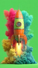Poster - Whimsical rocket igniting with an array of bright colors seamlessly integrating with a green screen making it perfect for video productions and creative storytelling.