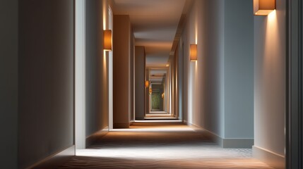 Poster - Long corridor with modern lighting in a contemporary building showcasing warm tones and minimalist design