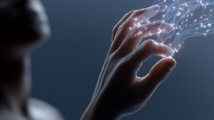 Poster - Digital connection explored through a hand reaching for light in a dark environment