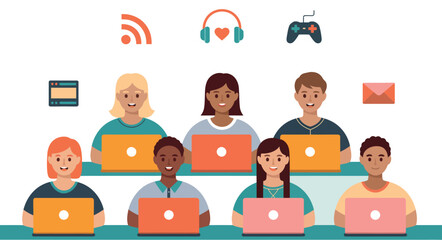 Leinwandbilder - Illustration of diverse people using laptops with thought bubbles above their heads showing interests


