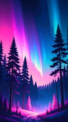 Digital artwork of aurora borealis forest night