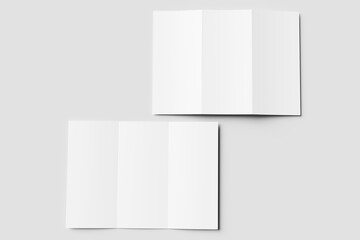 Poster - Two blank white tri-fold brochure mockups. One partially open, one closed, on a light gray surface. Ideal for design presentations or branding.